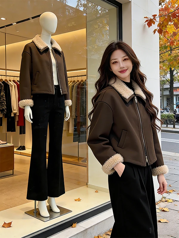 Retro sle ort algodão jaet casaco de camurça de pele de cordeiro feminino corte reto commute amigável cor pura sem chapéu