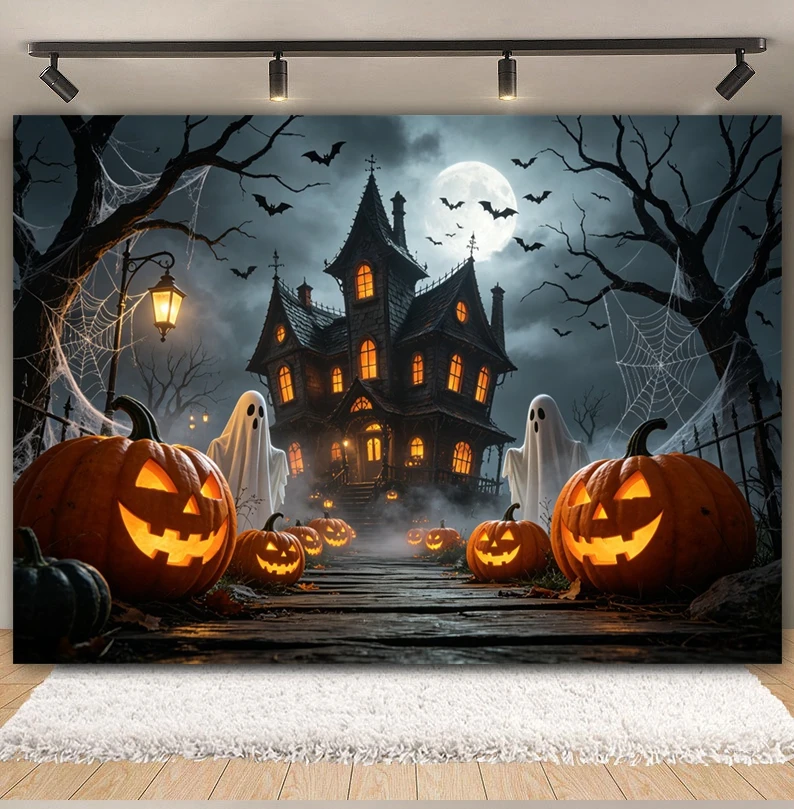 Halloween Haunted House Photography Backdrop Full Moon Fog Ghost Bat Spider Web Pumpkin Halloween Holiday Party Photo Background