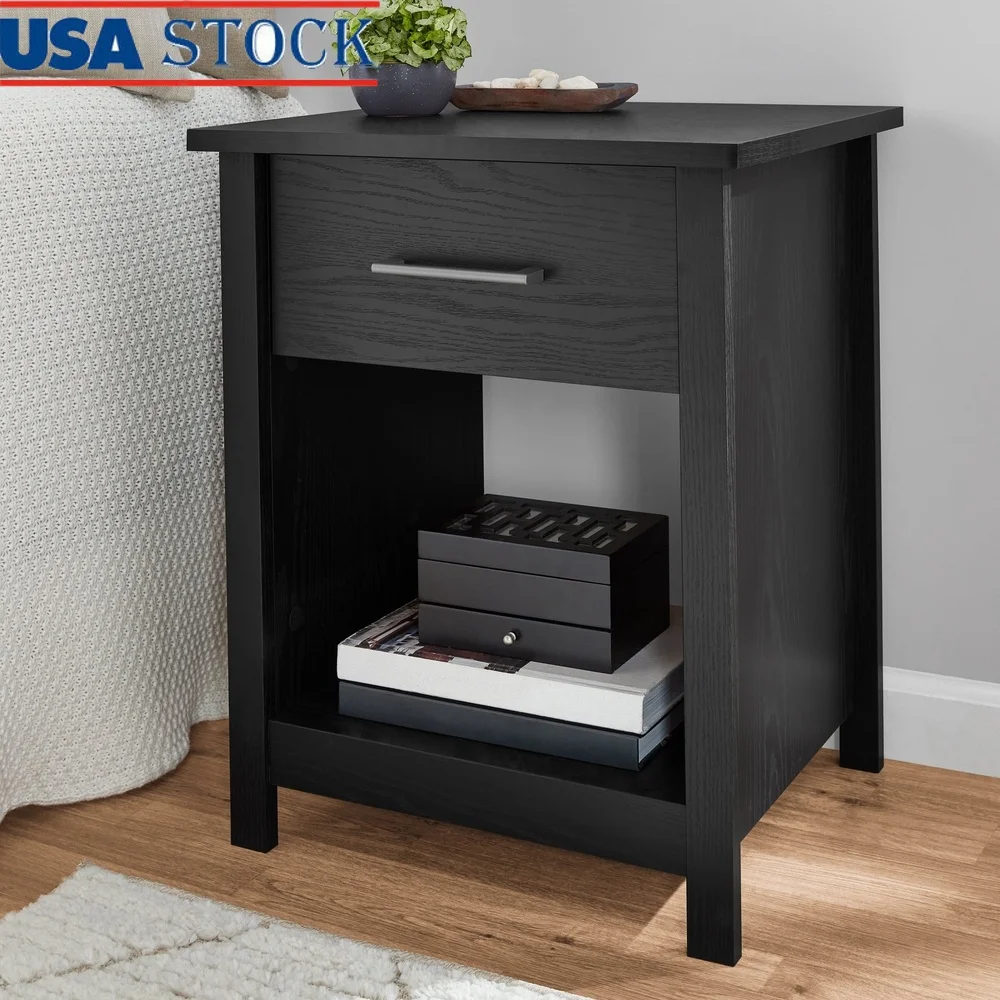 

Hillside Nightstand with Drawer Open Storage Bedside Table Bedroom Wood Composite Nightstand Black Finish Space Saving Design