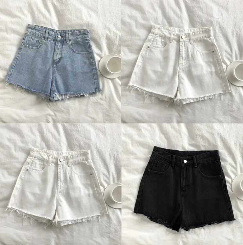 

Korean High Waist Raw Edge Denim Shorts Women Summer Basic Button Pocket Jean Shorts For Women All-match Streetwear Denim Short