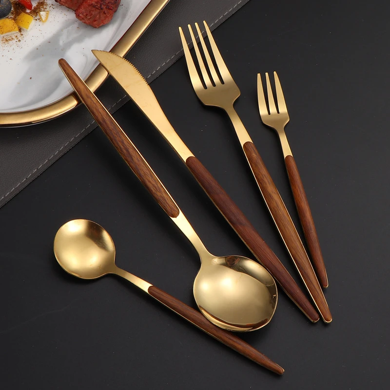 Tableware For Home Dinnerware Stainless Steel Silver Golden Knife Fork Spoon Wooden Handle Flatware Kitchen Western Cutlery