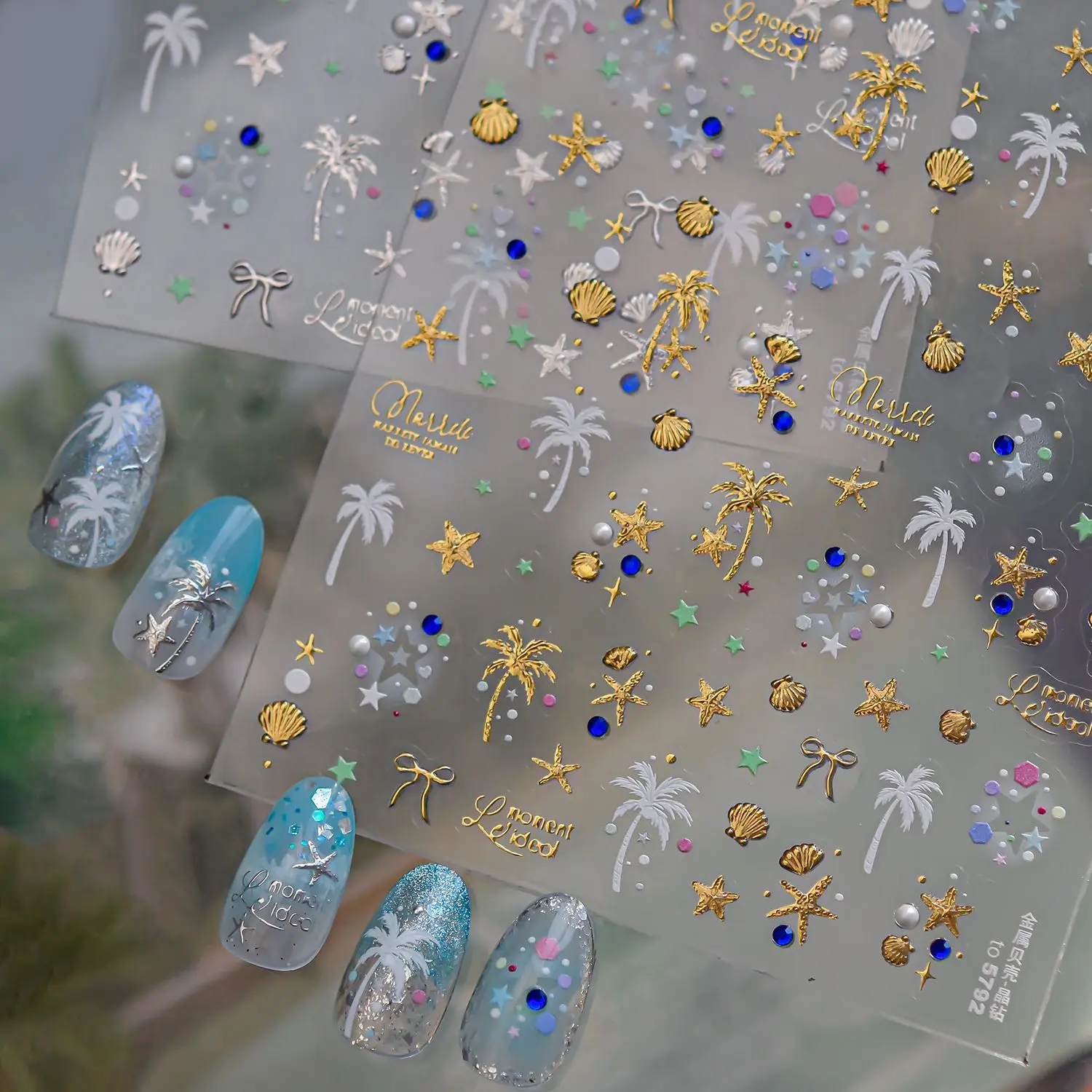 Summer Beach Nail Stickers Metallic Texture Crystal Coconut Tree Starfish pattern Nail art self-adhesive decorative stickers DIY