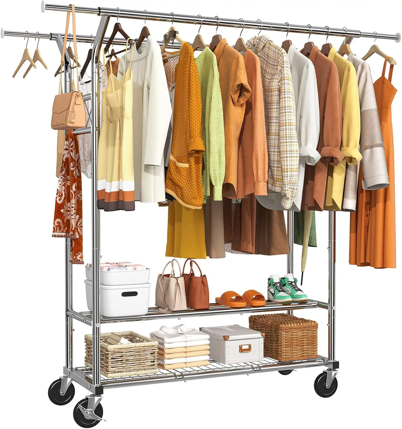 Heavy Duty Double Rod Garment Rack on Wheels, Holds 620 Lbs, Chrome