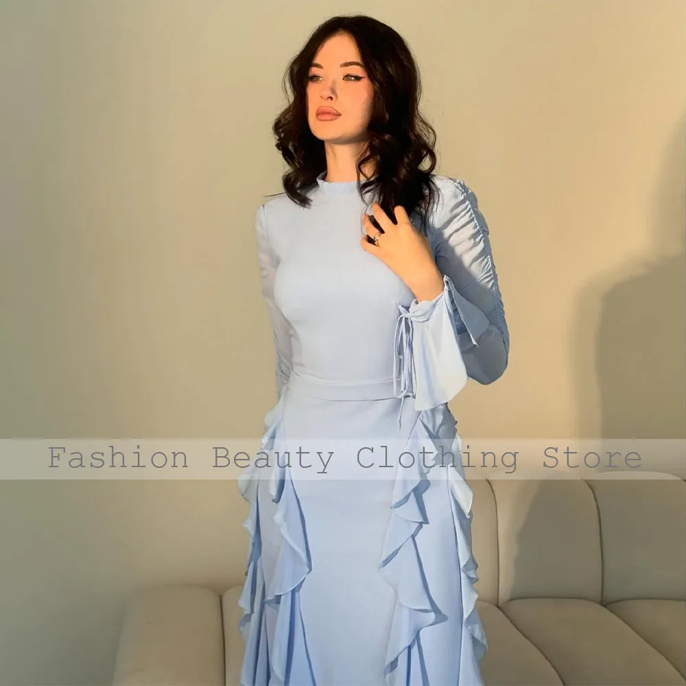 Women\'s Evening Dress Light Sky Blue Full Sleeves High Collar Elegant Evening Gowns Long Ruffle A Line Chiffon Formal Party Gown