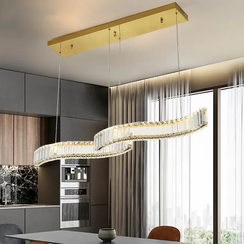 Modern Dining Room Dimmable Led Pendant Lights Double S Wave Steel Lustre K9 Crystal Led Luminarias Indoor Art Deco Hanging Lamp