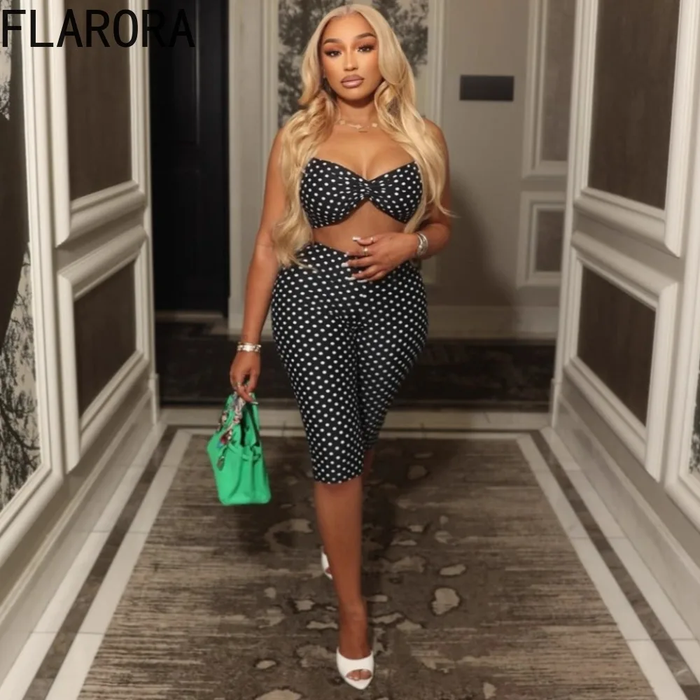 

FLARORA Fashion Polka Dot Print 2 Piece Sets Woman Halter Tank Tops And Skinny Bike Shorts Outfits Sexy Street Stretch Matching