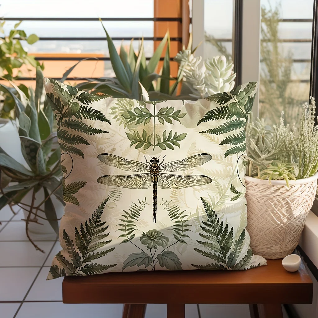 Kissenbezug mit Libellen- und Farnblatt-Motiv, rustikaler Natur-Dekor-Kissenbezug für Sofa, Schlafzimmer, Heimdekoration