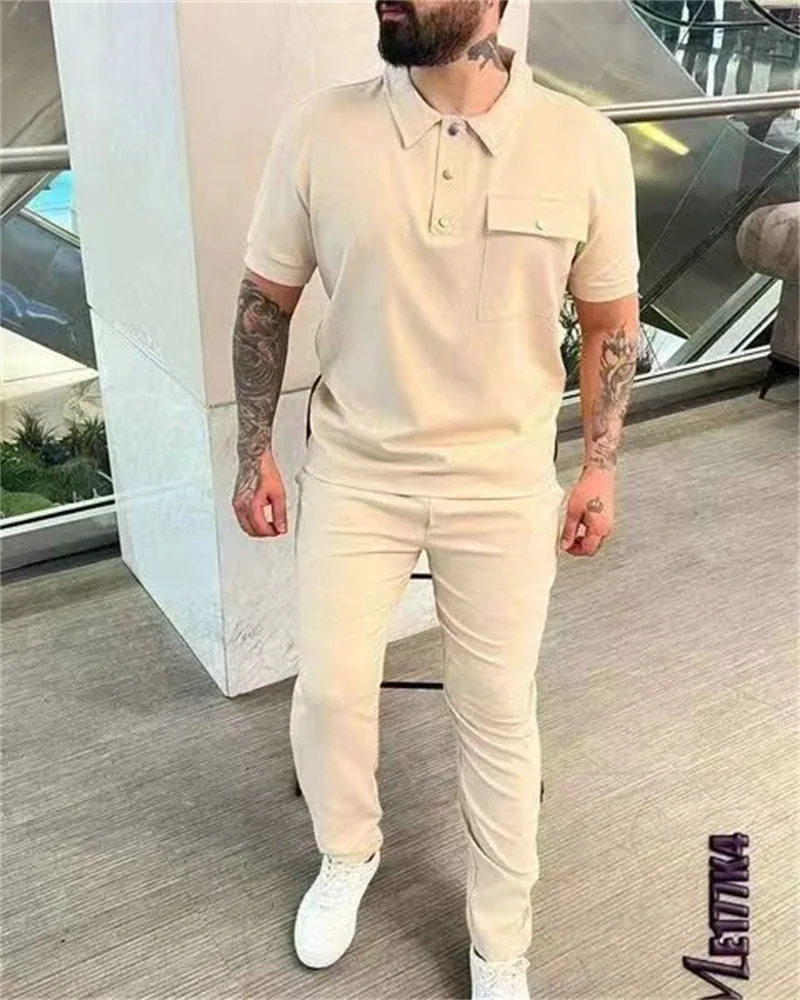 New Men's Pocket Lapel Short-Sleeved Pants, Spring And Fall Casual Fashion Sports Suit S-3XL