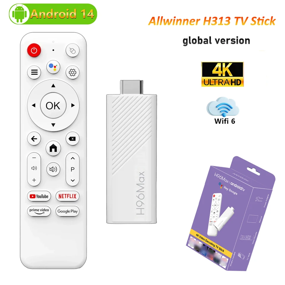 TV Stick Android H96 Max H313 con asistente de voz de Google, TV Box Wifi6 BT5.0 Ultra HD 4K Streaming TV Stick 2GB 16GB