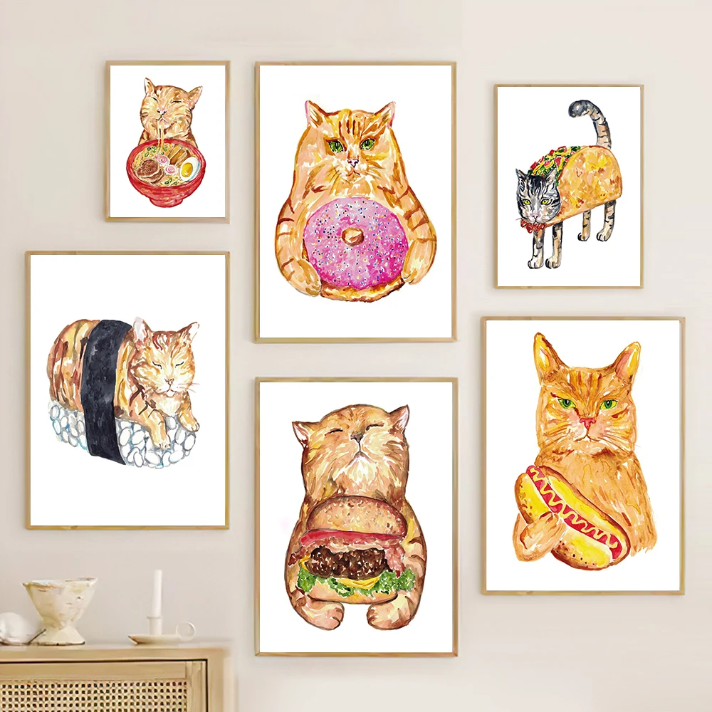 

Burger Hotdog Donut Cat Painting Kitchen Wall Poster Watercolor Art Restaurant BBQ Cat Funny Nursery Canvas Painting Home Decor