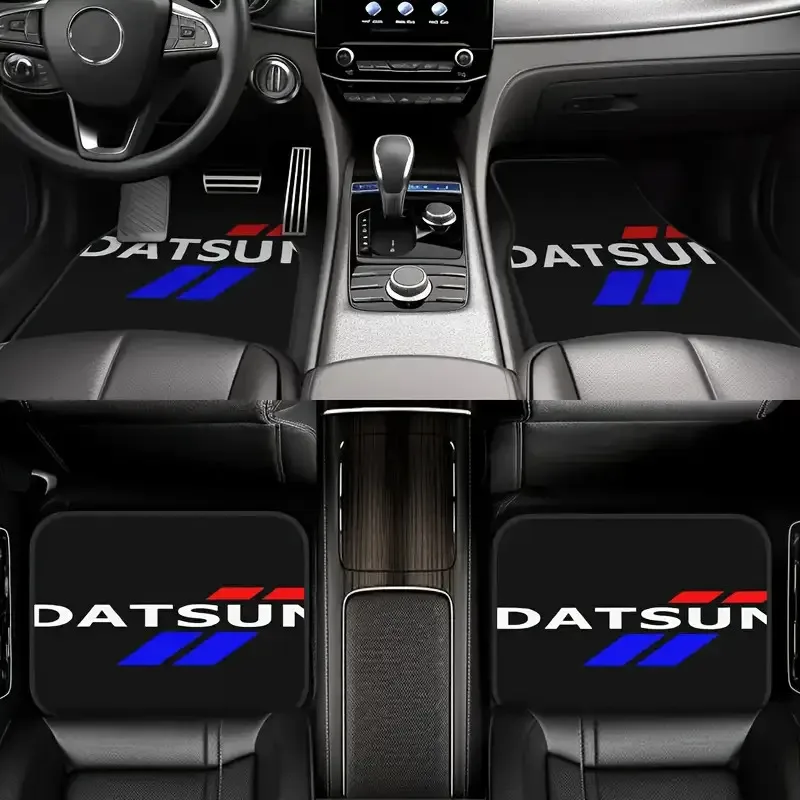 4pcs Datsun-Inspired Car Floor Mats - Durable All-Season Fit For Cars & SUVs, With & Red Logo Design, Non-Slip Grip, Easy-Clean