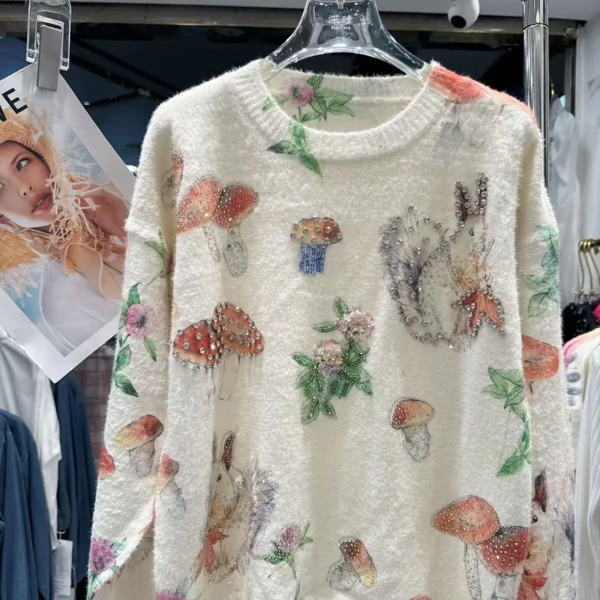 

Sparkling Crystal Stones Stitch Cartoon Sweater for Women Autumn/Winter Sweaters Outwears Knitwear Pullover Femme Clothes