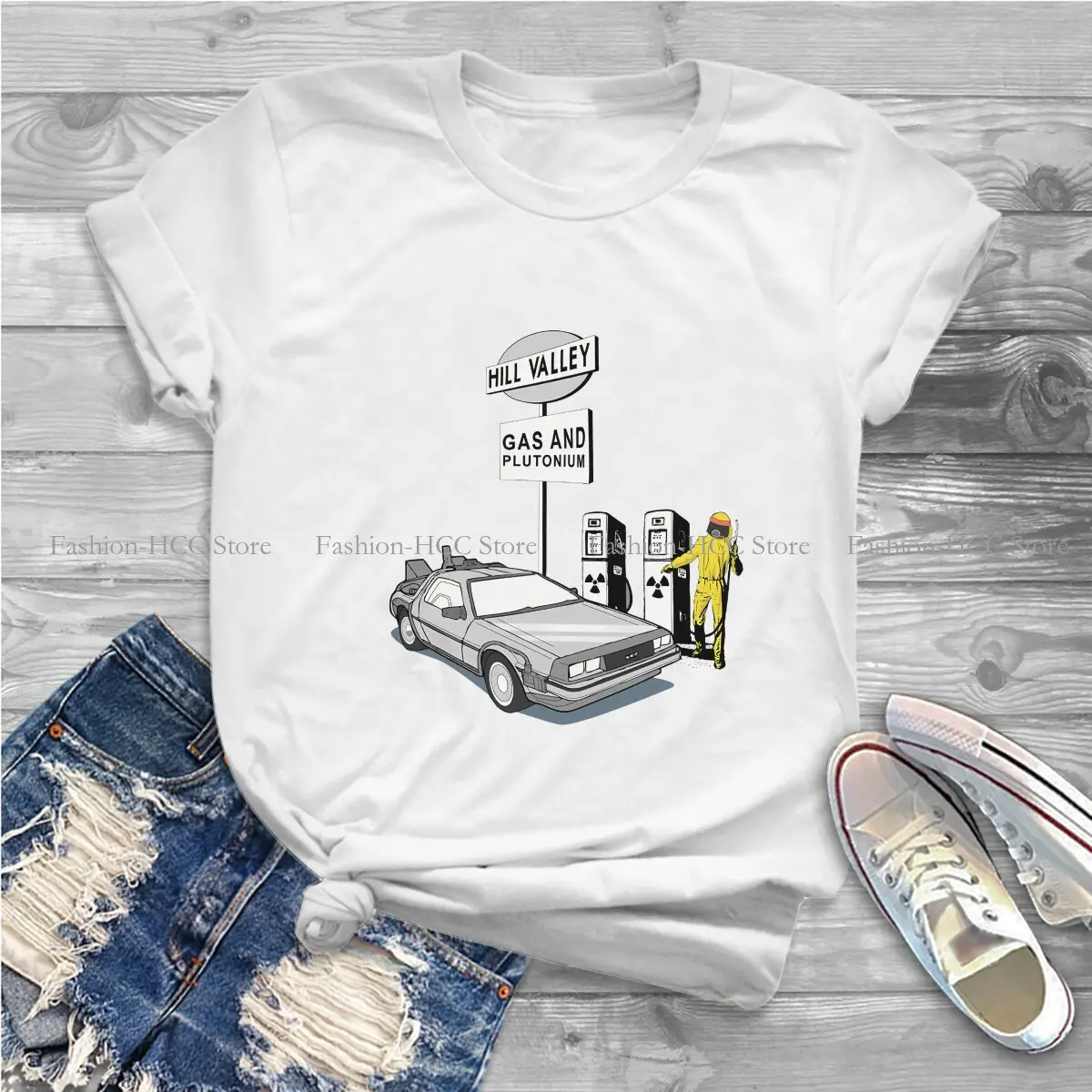 Delorean 'Hill Valley Gas Station Graphic Polyester TShirt Back To The Future Creative Tops Casual T Shirt Female Short Sleeve