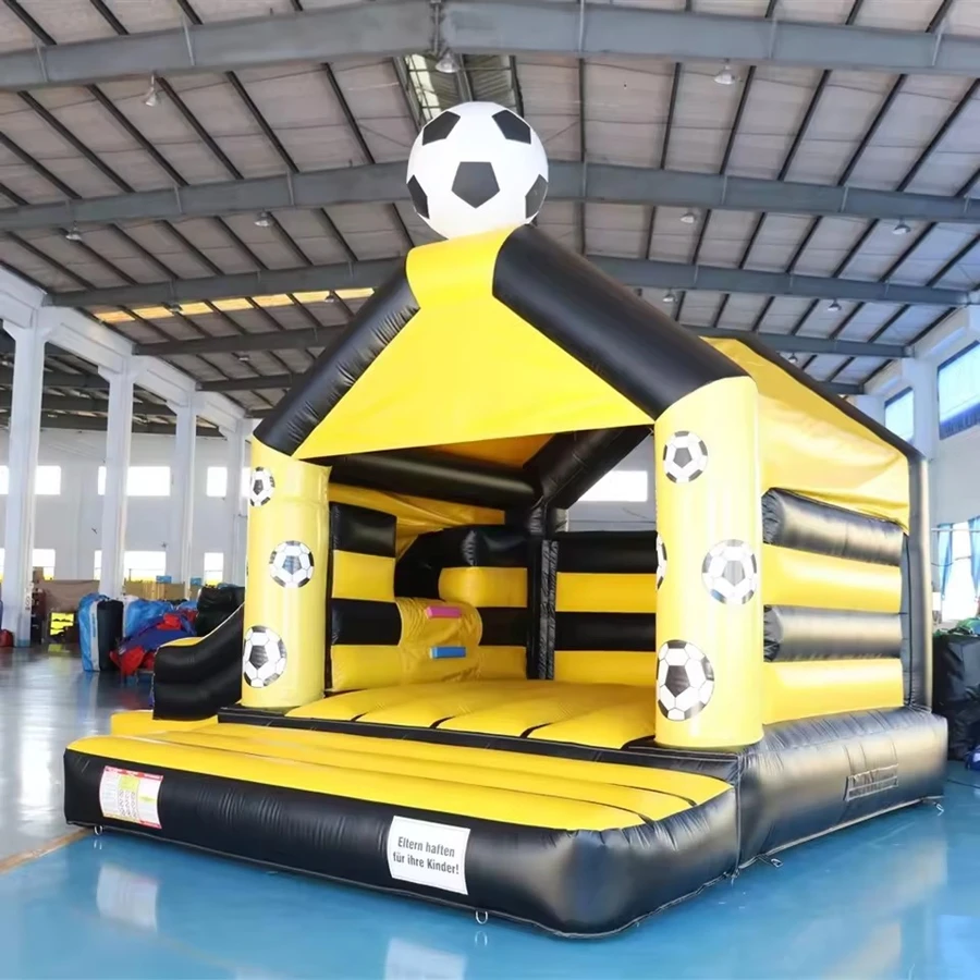Castillo Inflable con Tobogán, Temática de Fútbol Negro y Amarillo, Comercial, para Niños, Castillo Hinchable para Fiestas al Aire Libre