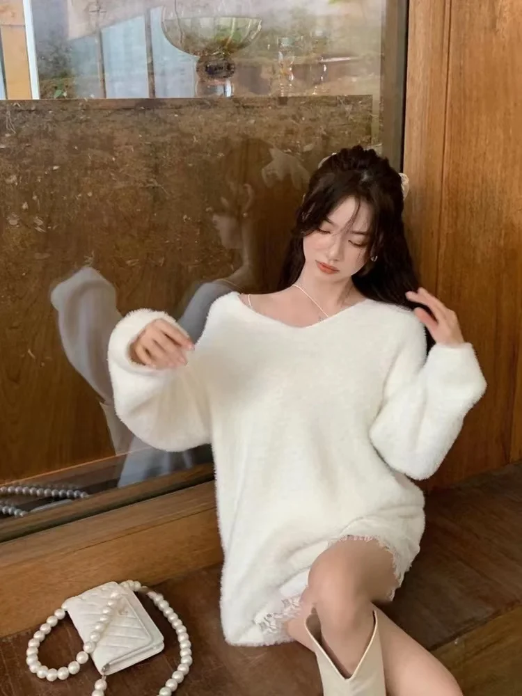 White Shoulder-baring Women's Knitted Sweater Soft Lazy Style Loose Long-length Mink Velvet Spring Autumn Outerwear