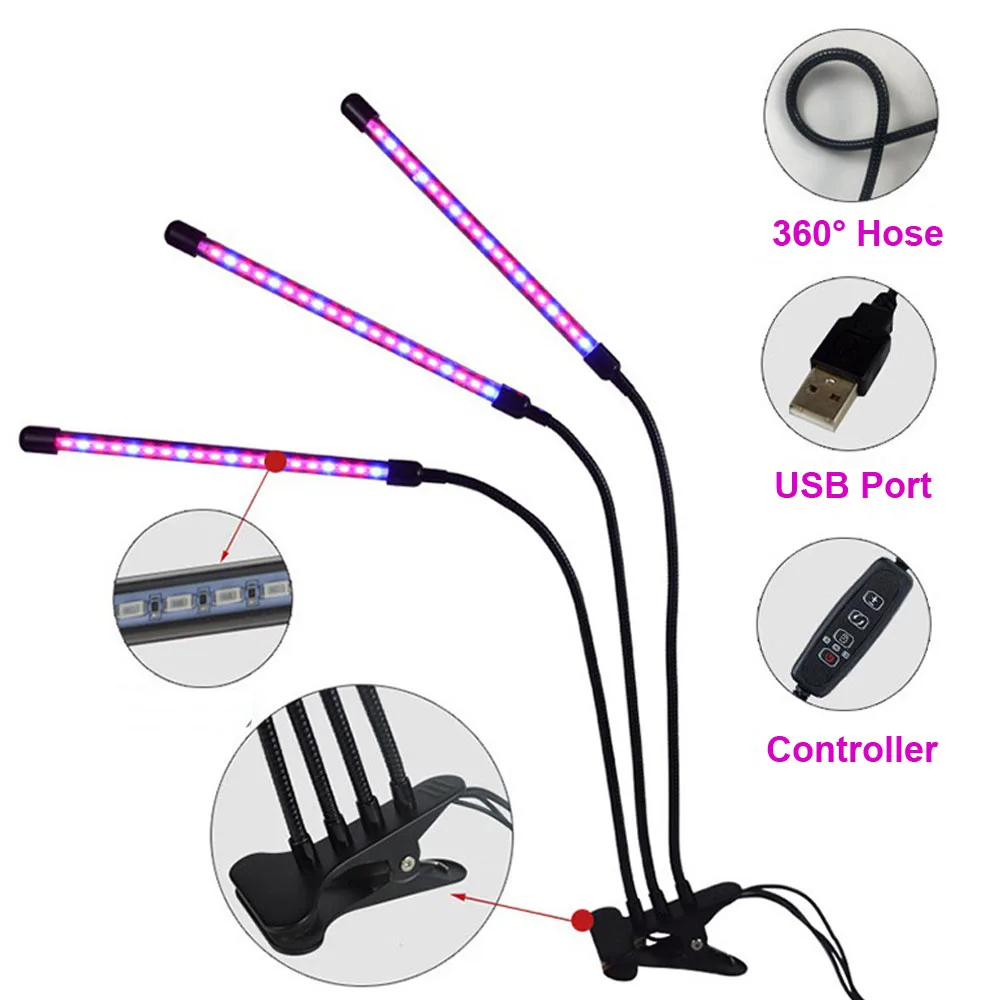 Full Spectrums LED Grow Light USB Phyto Lamp with Dimming Timing Clip Lamp for Indoor Flower Seedling