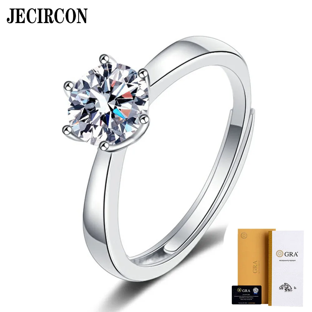 

JECIRCON Genuine D Color 1 Carat Moissanite Ring for Women Classic 6 Claw 925 Sterling Silver Live Mouth Adjustable Band Jewelry