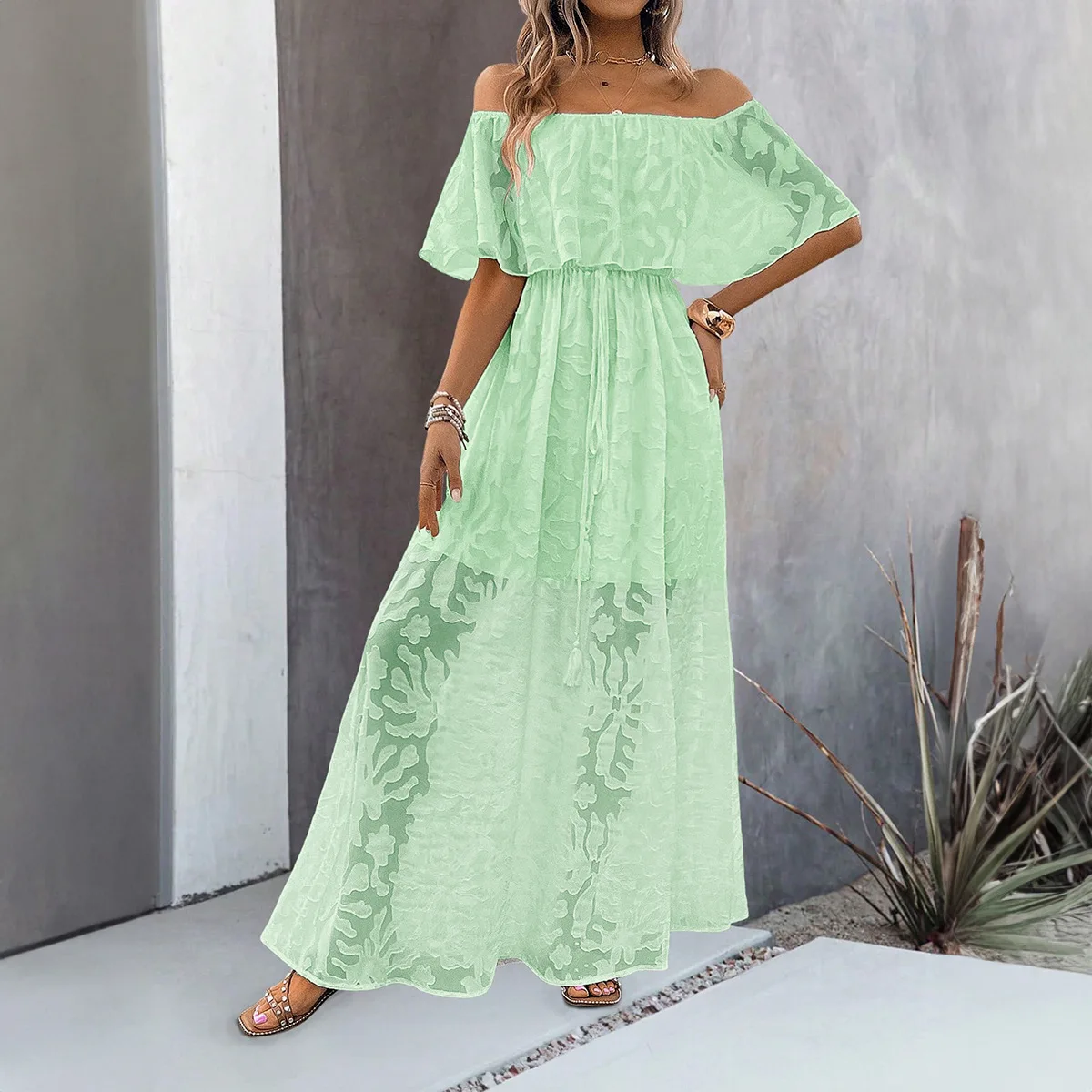 

Summer Dress Sexy Single Neck Solid Color Short Sleeved Dress With Tie Up, Waist Cinching, Slit Dress