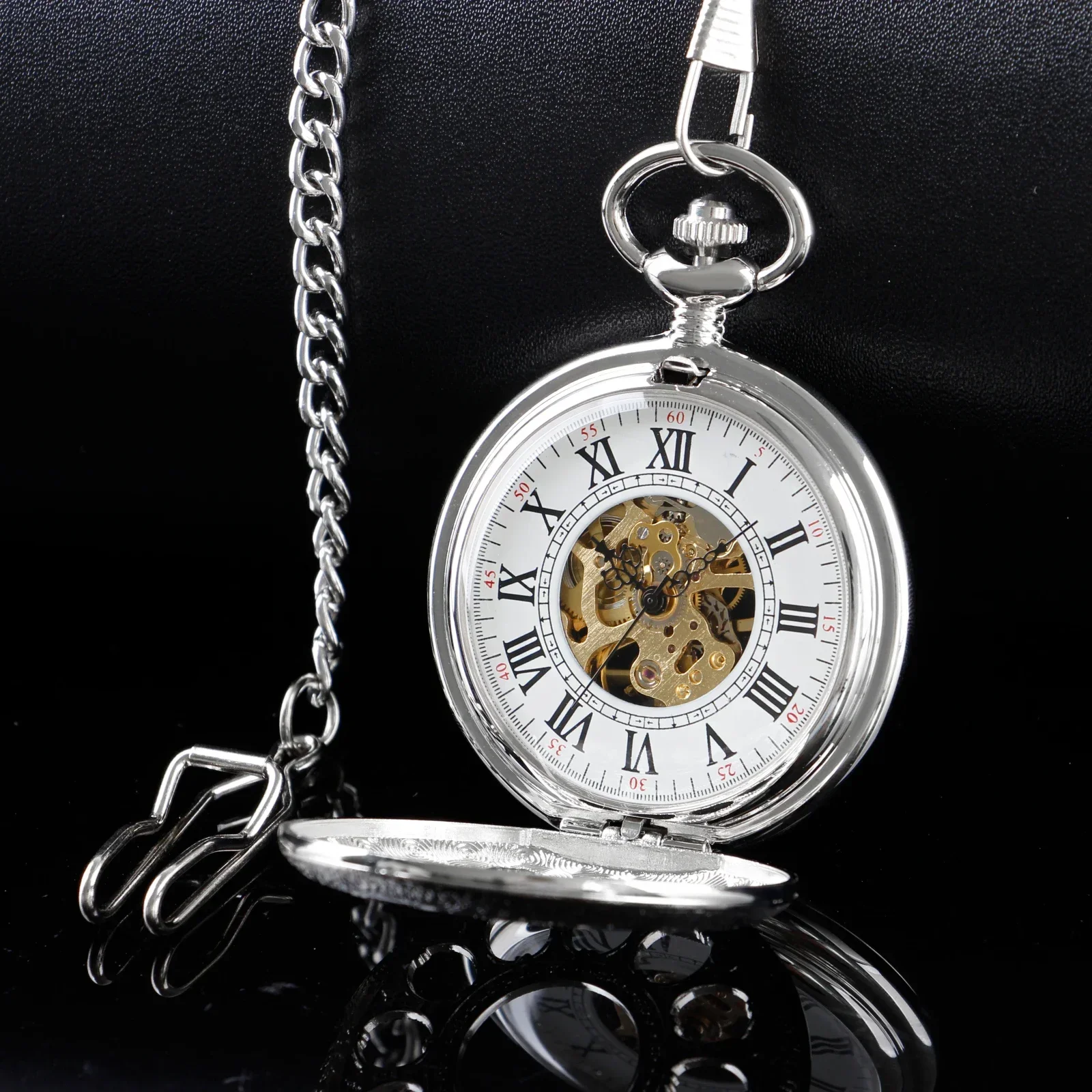 Silver Roman Numerals Vintage Skeleton Mechanical Pocket Watch For Men Women Hand Wind Pocket & Fob Watches Half Hunter