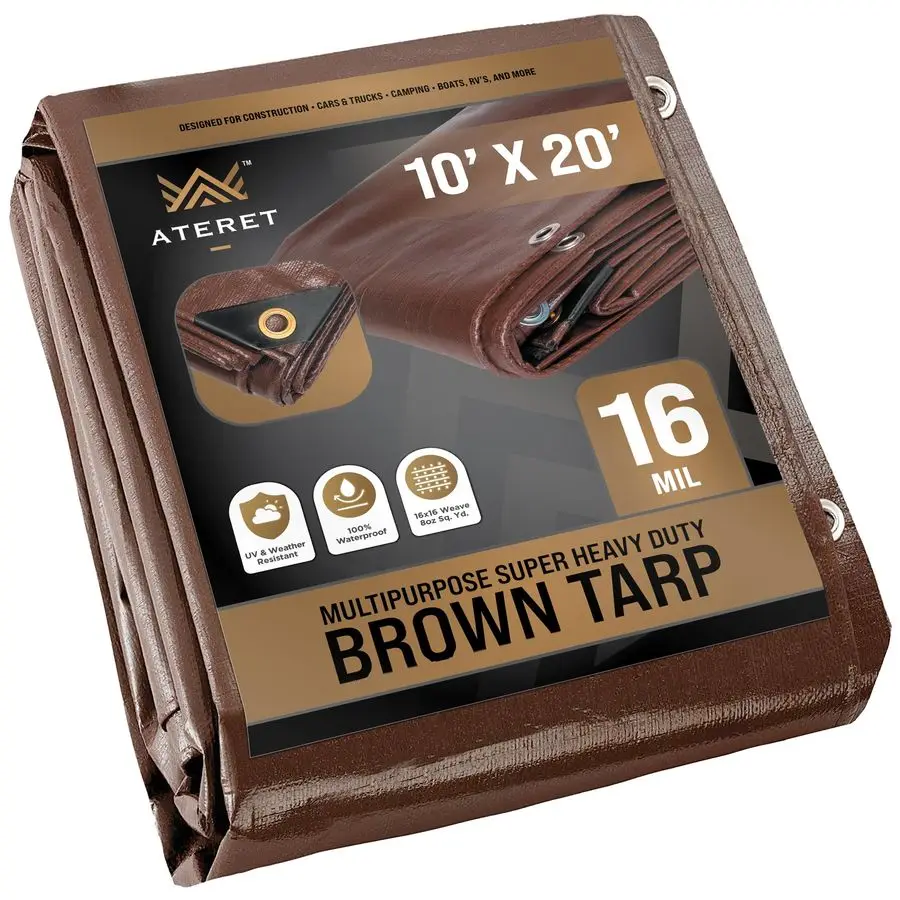 

10 x 20 Super Heavy Duty 16 Mil Brown Poly Tarp Cover UV Resistant, Thick Waterproof, Rip and Tear Proof Tarpaulin with Grommets