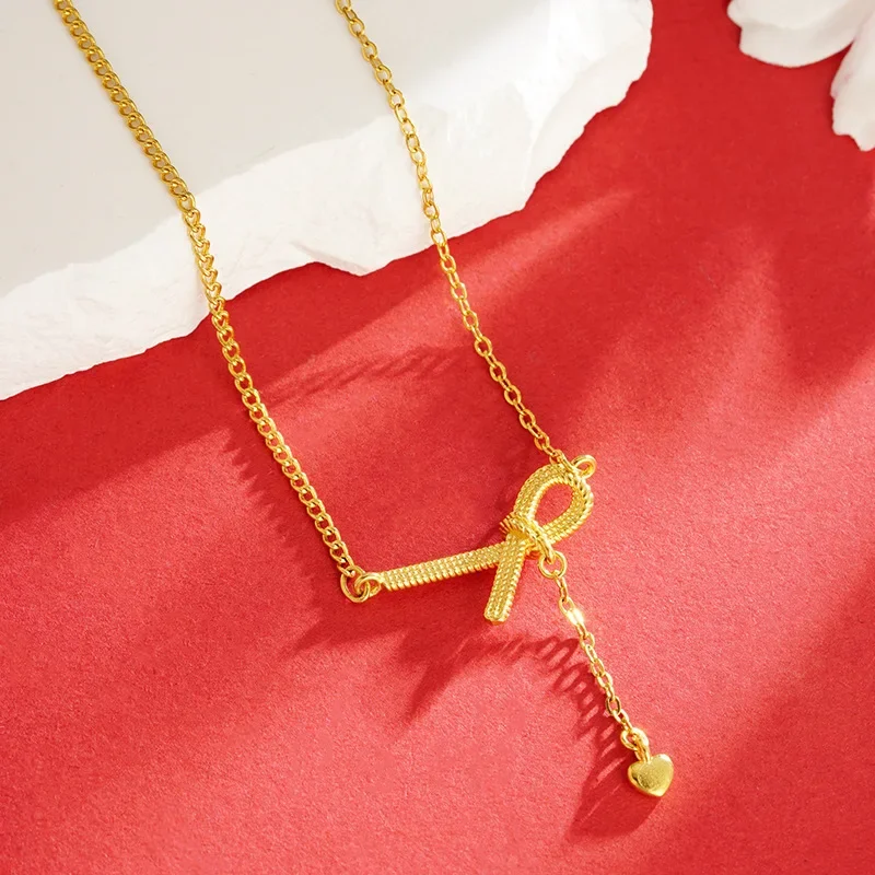 

18k Gold Color Bow Pendant Necklace Chain Lovely Collarbone for Women 999 Yellow Gold Pendant Party Fine Jewelry Gifts