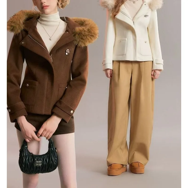 

Korean Hepburn-style Cropped Woolen Jacket Women's Autumn and Winter High-end Hooded Fur Collar Thickened Slim Niche Top