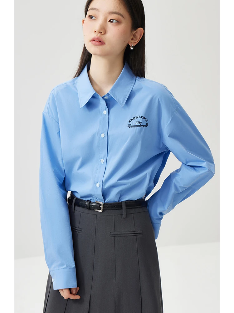 ZIQIAO 100% Cotton Women Blue Straight Casual Long Sleeve Blouses Polo Neck Drop Sleeve Female Spring Solid Shirts 24ZQ91166