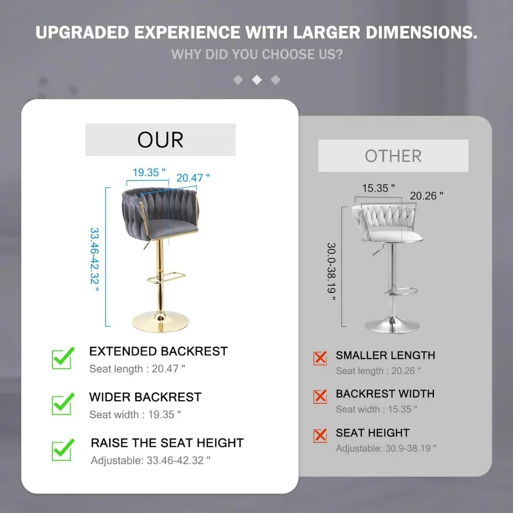 Набор бархатных барных стульев, современные регулируемые поворотные стулья с плетеной спинкой для кухонного острова, столовой, кафе, паба