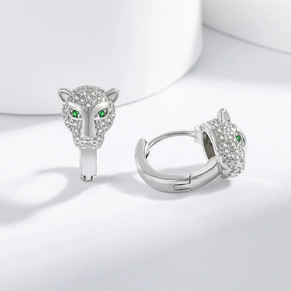 Domineering Animal Leopard Head Hoop Earrings For Women Men Gold Color White Zircon Ear Buckle Wedding Party Versatile Jewelry
