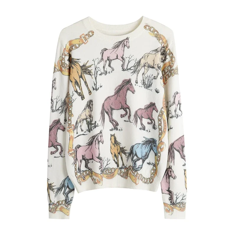 Spring Autumn Colorful Pony Print Printed Pullovers Sweater Women Casual Fashion O-Neck Long Sleeve Knitwear Tops Jumpers Female