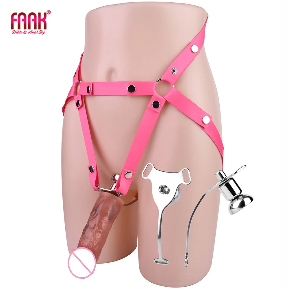 

FAAK Stainless Steel Chastity Cages With Silicone Realistic dildo BDSM Strap-ons Artificial Penis Sex Toys For Man Adult Games