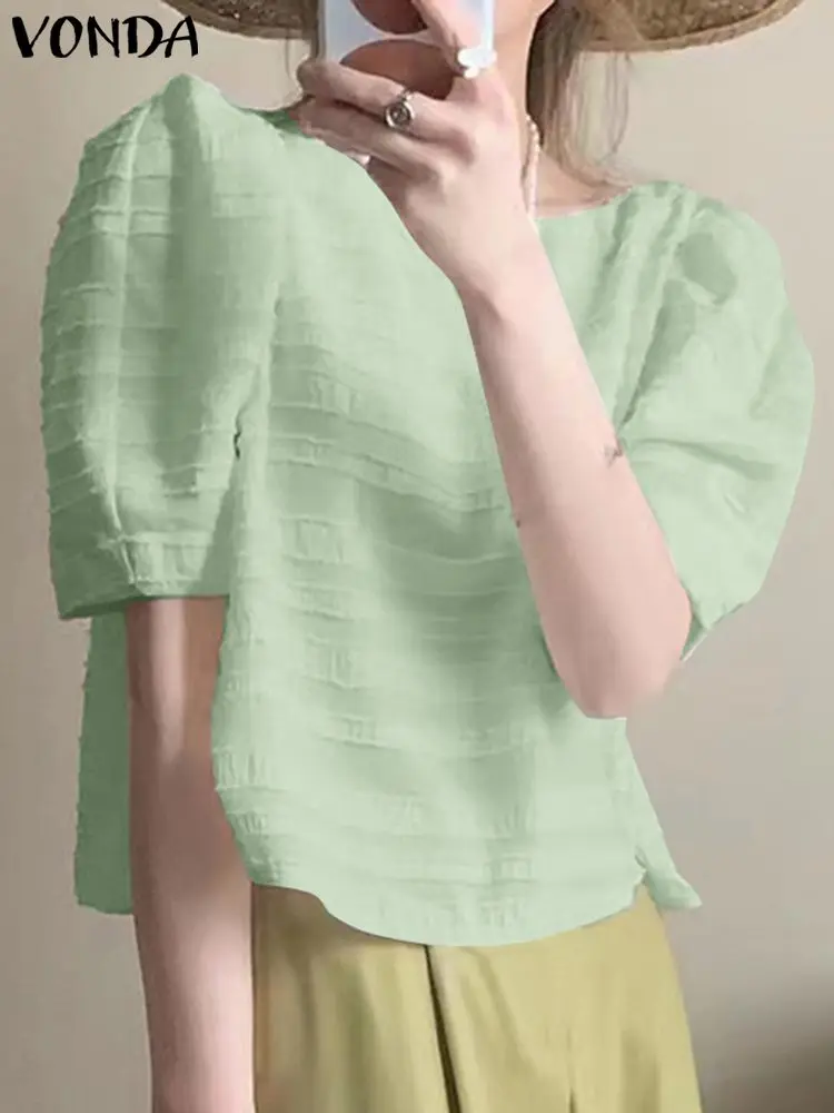 

Sexy Solid Color Tops Women Elegant Blouse 2023 VONDA Fashion Summer Short Sleeve Striped Shirts Loose Casual Blusas Femininas