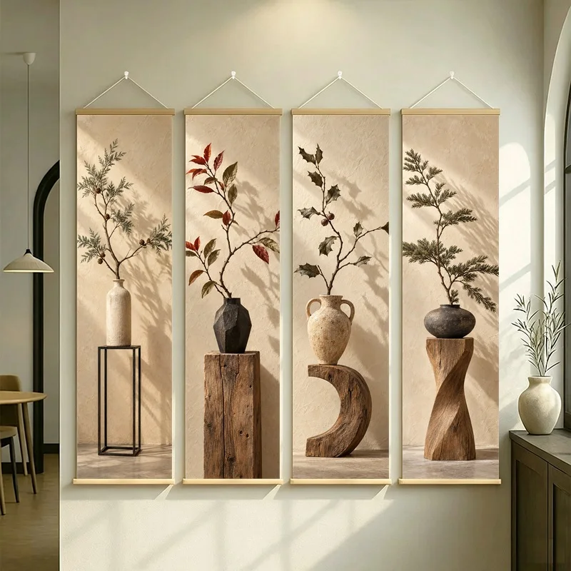 Wall Art Preserved Holly Leaf and Preserved Norfolk Pine, Calm Wabi-Sabi Silver Shimmer Canvas Hanging Scroll for Spa Room