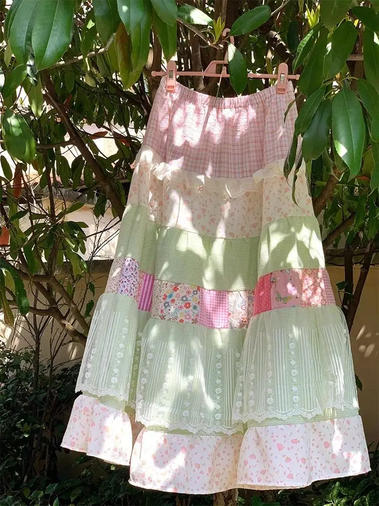 Neuer Gance Vintage Patchwork-Rock mit Aufdruck für Damen, süße Spitze, weit, locker, A-Linie, lange Röcke, Farbkontrast, modisches Design, Kleidung