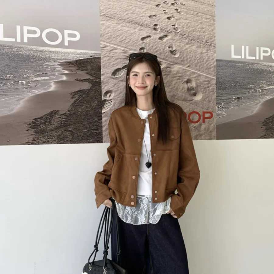 

Стильная свободная женская замшевая куртка в винтажном стиле, новинка 2026 года, корейский дизайн, стройнящая универсальная верхняя одежда для женщин