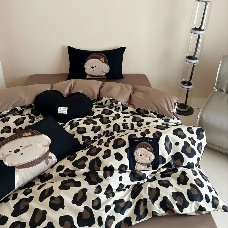 100 Long-staple Cotton Four-piece Set Niche Ins Style Retro Cartoon Leopard Print Quilt Cover Bed Sheet Pillowcase Bedding Set