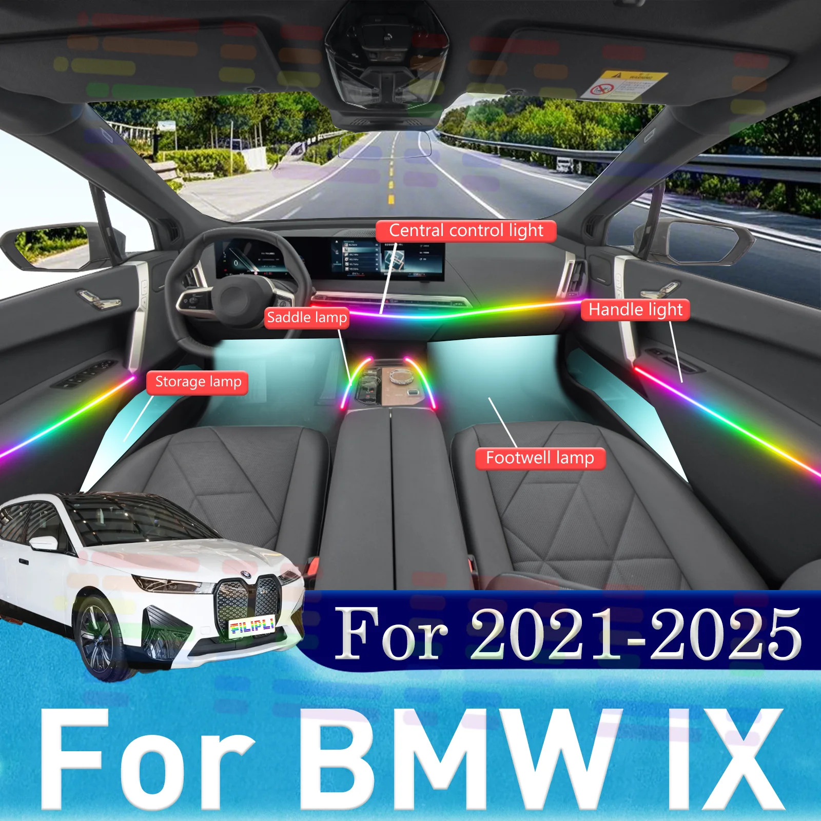 For BMW iX Car Interior Ambient Light RGB 64-Color LED Quick-Fit Installation Kit For 2021-2025