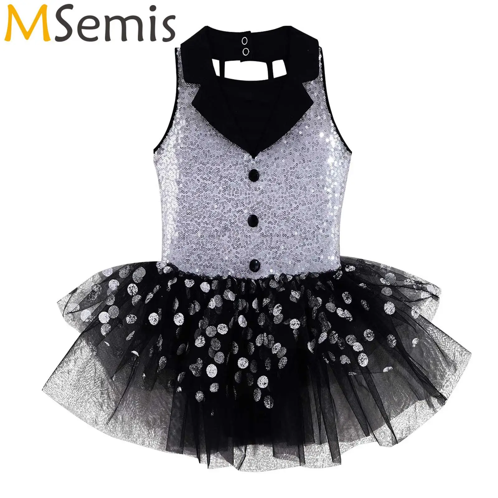 

Kids Girls Ballet Lyrical Jazz Hip Hop Dance Costumes Hollow Back Sequins Decor Polka Dots Print Ballerina Tutu Mesh Dance Dress