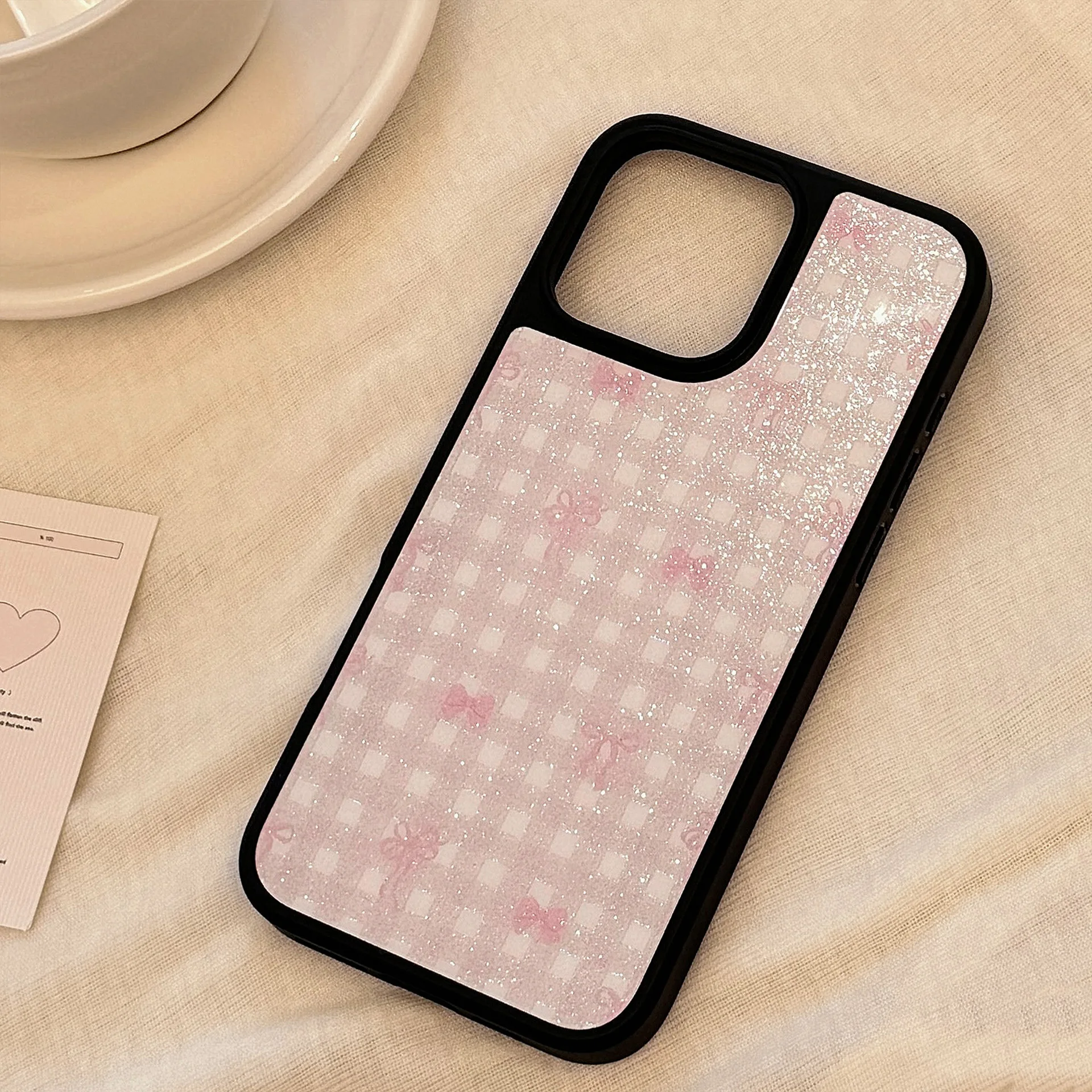 كوريا الإطار الأسود الوردي Bowknot شبكة نمط بريق جراب هاتف آيفون 16 15 14 12 13 برو ماكس مكافحة الإفلات واقية الغلاف الصلب