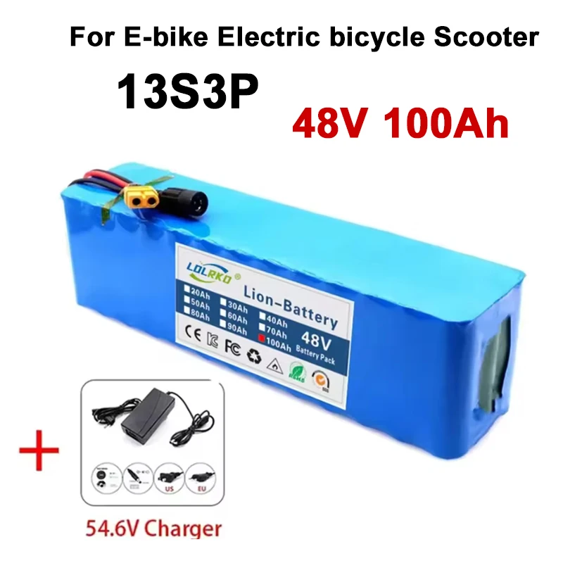 2026 NEW 48V 100Ah 2000W 13S3P XT60/DC Lithium Ion Battery Pack Suitable for 48V motors with BMS+54.6V Charger