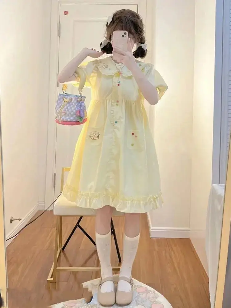 Kimotimo Korean Sweet Embroidered Peter Pan Collar Dress Women Summer Puff Sleeve Loose Spliced Ruffled A-line Dresses Casual