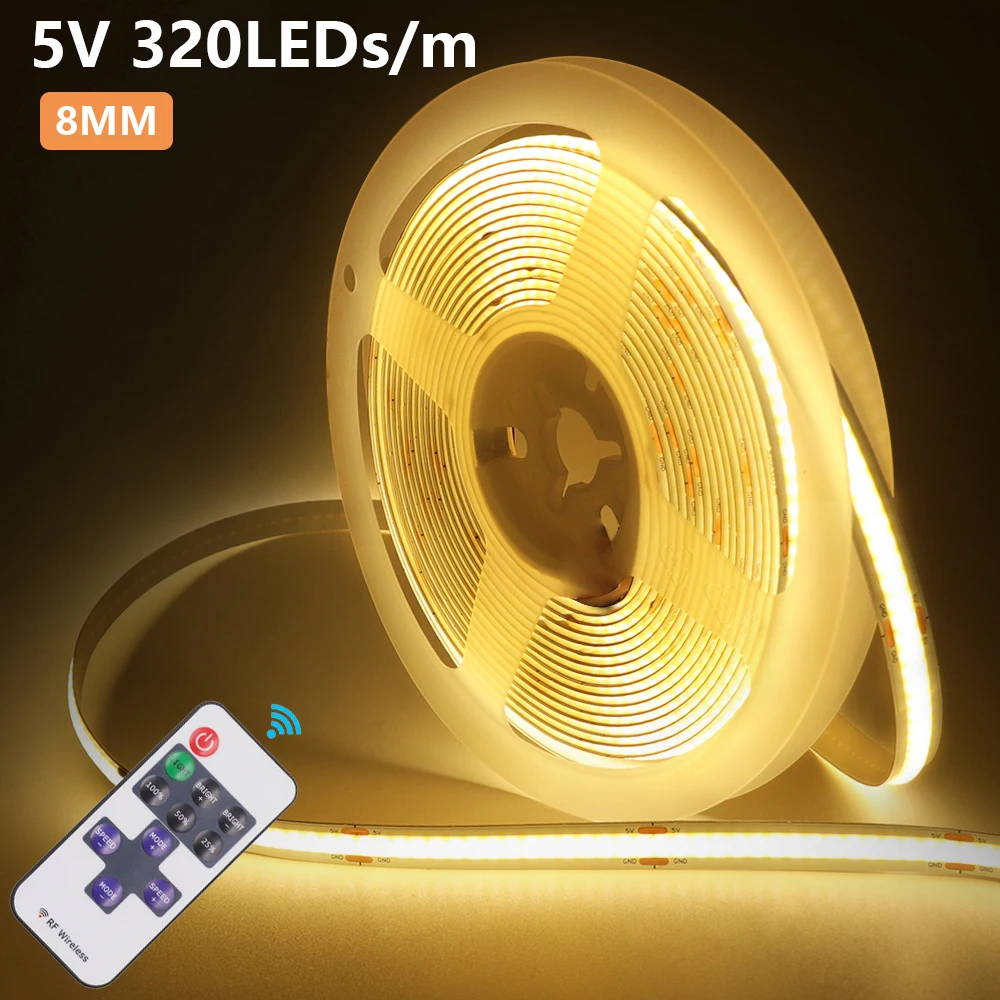 USB COB LED Strip Dimmable 5V 320LEDs/m Warm White/Natural White/White COB LED Tape With 11Keys RF Remote Control Dimmer 0.5m-5m