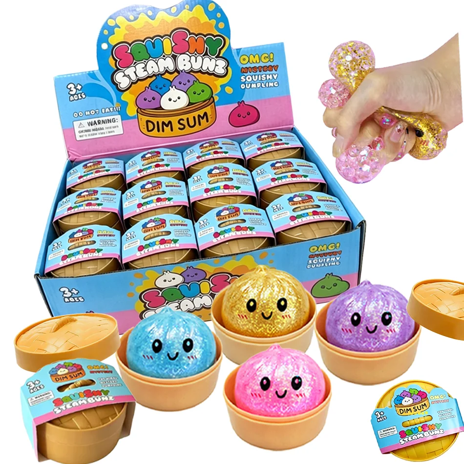 Mini Glitter Dumpling Squishy with Box Dumplings Sensory Steamer Soft Dough Ball for Decompression Fidget Toy Stress Relief Gif