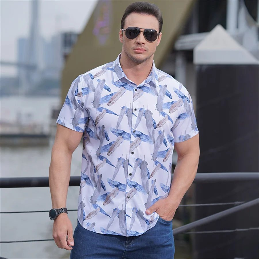 Fashion Men Feather Printed Short Sleeve Shirts Summer Hawaiian Casual Beach Shirt Elasticity Tops Men's Clothing Oversize 10XL