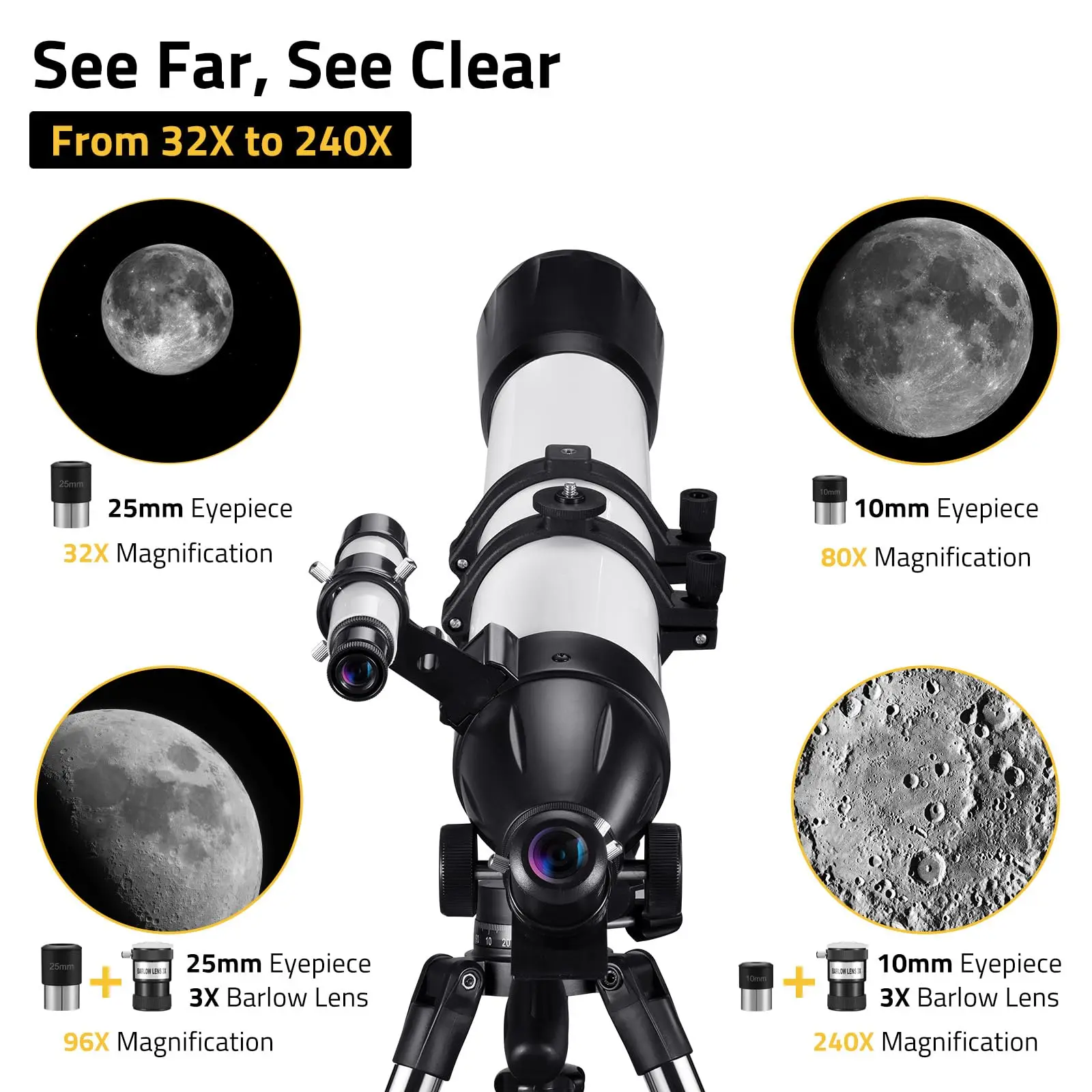 90mm Aperture 800mm High Powered Refractor Telescope for Astronomy Beginners with Stainless Steel Tripod Phone Adapter Carry Bag