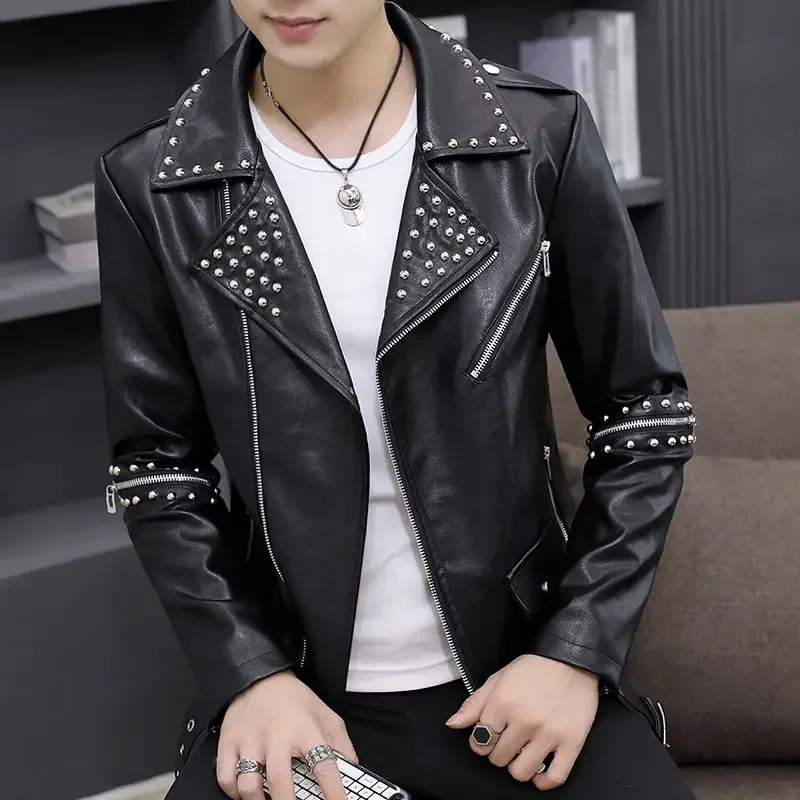 Spring Autumn Rivet PU Leather Jackets Winter Slim High Street Casual Motorcycle Jacket Men Overcoat Male Clothes