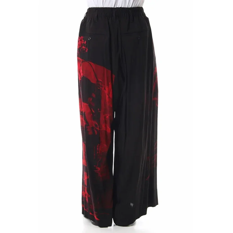 YOJI OOAK تصميم داكن، سراويل غير رسمية متباينة باللونين الأسود والأحمر، سراويل واسعة الساق بطباعة وردية، سراويل فضفاضة #4