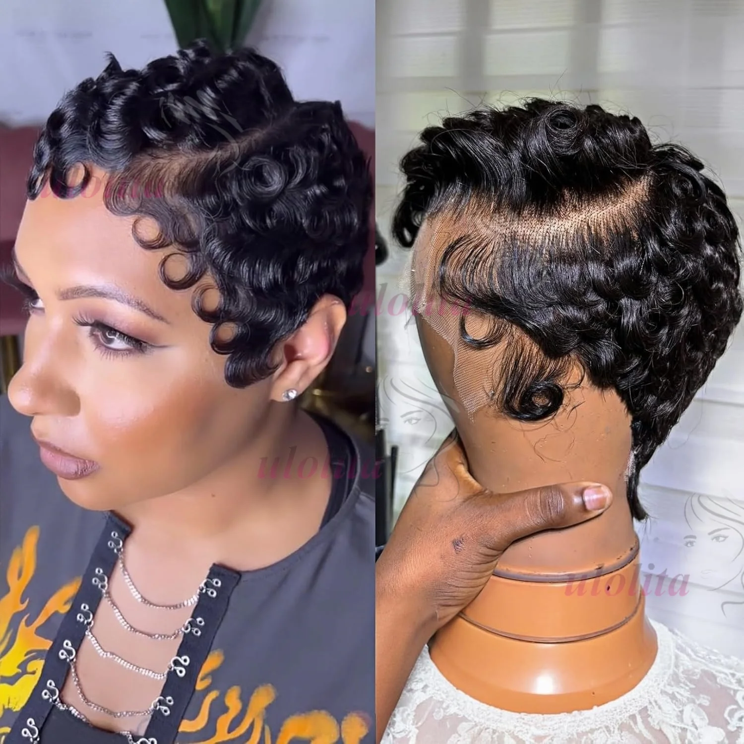 Perruque Synthétique Femme Courte Bouclée Noire Avec Frange Pixie - Taille Bonnet Moyen - Neuf Sans étiquette