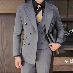 (Jackets+Vest+Pants) Men's Plaid 3-piece Suits Men's High-Quality Business Suit Double-Breasted Groom's Wedding Dress Men Blazer