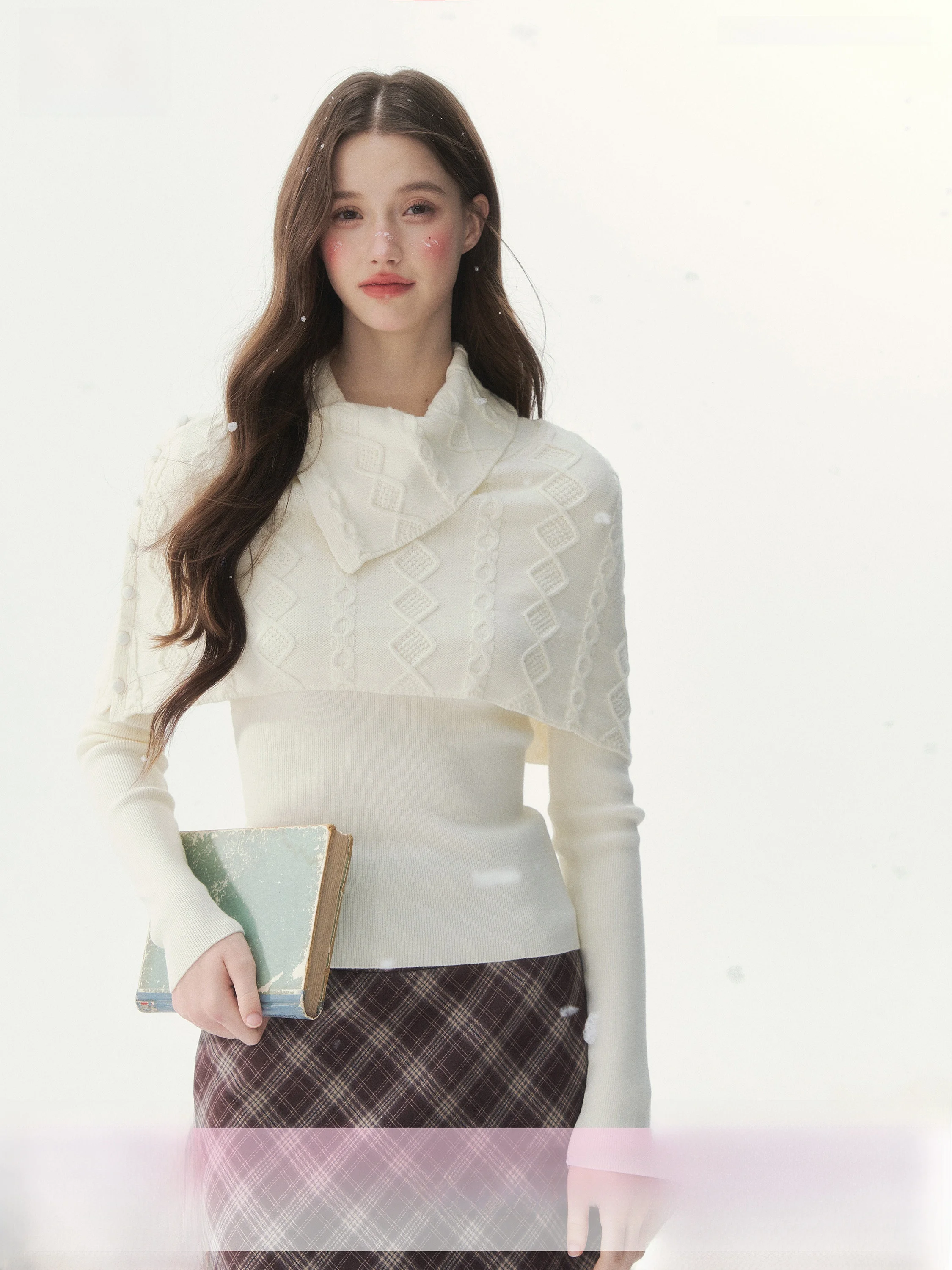 

SunsetPark Vintage Twist Knitted White Collar awl Coat Fem Long Sve Sweater Girl Sle Fake Two-Piece Knitted Sweater